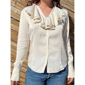 Lafayette 148 Ivory Ruffle Neck Silk Blouse